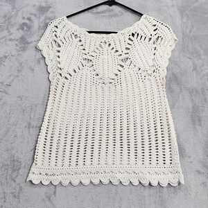 Vintage Intuitions Top Women S Cream Crochet Boat Neck Cap Sleeve Pullover Boho